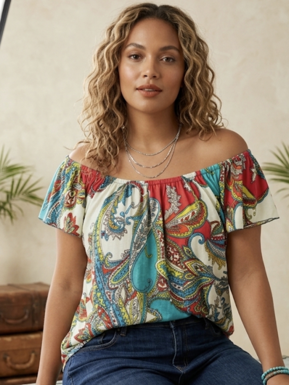 Bundle Of 3 - Silky Off-Shoulder Paisley Print Top in 3 Different Colors